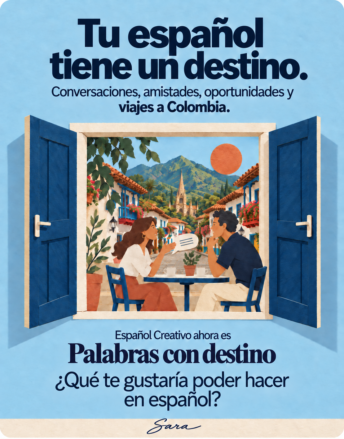 Dos personas conversan junto a unas puertas azules abiertas a un pueblo colombiano.